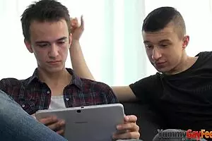 Horny twink guys worship feet before sucking cock of a teen