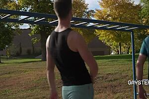 Post-workout rivalry unfolds between gay step-siblings