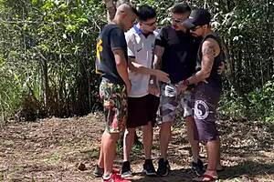 muscular tattooed guys dominate twink slave in wild outdoor football gangbang with screams