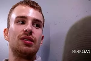Muscular hunk and twink have sex in the broken elevator