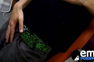 Young guy wanks hairy cock at office until he cums