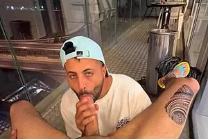 Public balcony scene with big cock